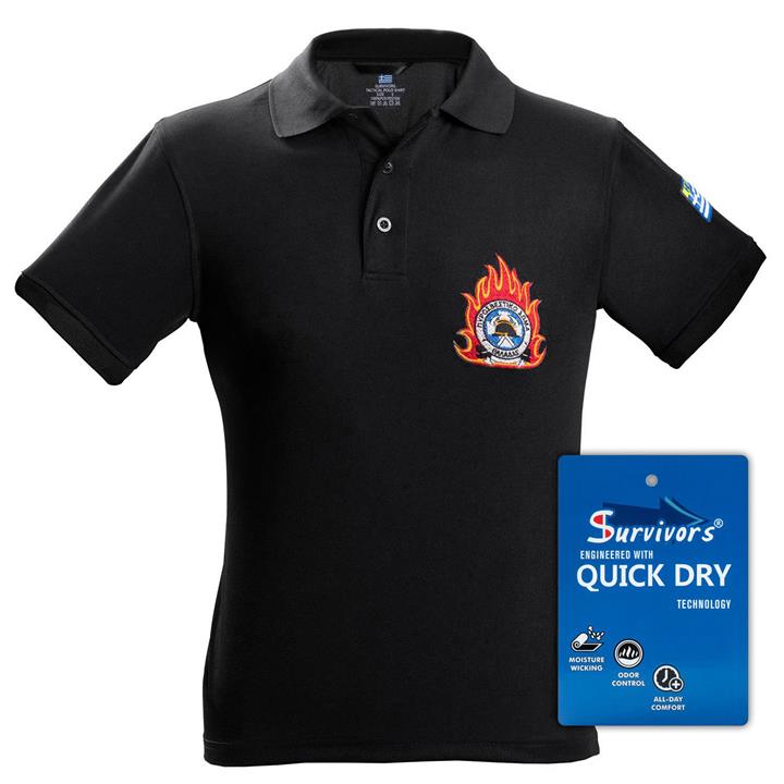Μπλουζάκι Polo Quick Dry με κέντημα Survivors μονόχρωμο Μαύρο 3XL-4XL Πυροσβεστικής