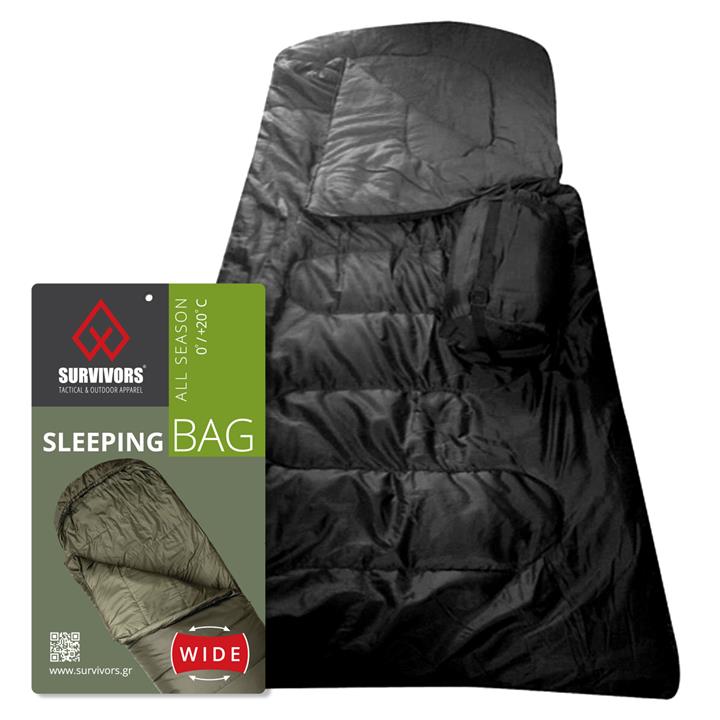 Υπνόσακος All Season φαρδύς 0/ 20 °C ( 200gr ) Survivors Μαύρο